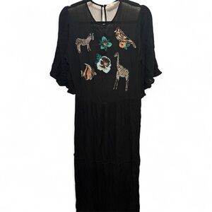 Zara Black Midi Dress with Animal Embroidery